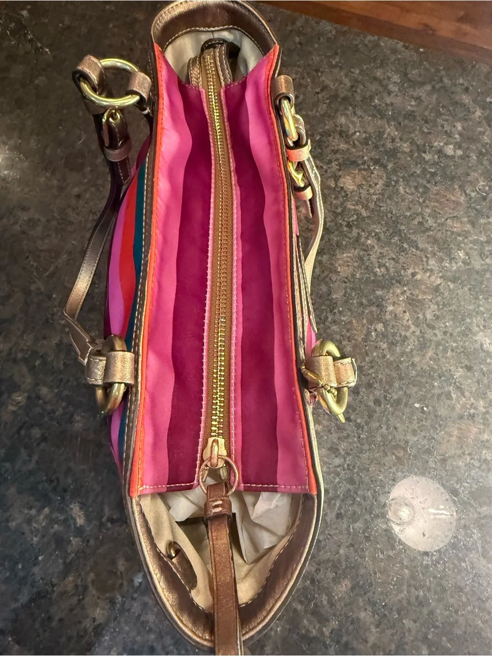 Coach Small Legacy Stripe Tote with Metallic Bronze Trim